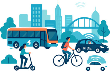 Naklejka premium Diverse urban transportation options including electric bus, ride-sharing car, bicycle, scooter, and autonomous vehicles in a modern city.