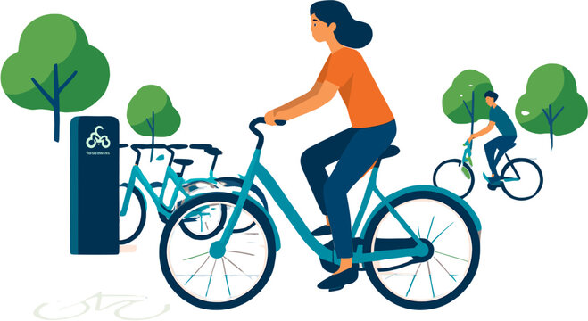 A woman in an orange shirt rides a blue bicycle away from a bike-sharing station in a park with trees and another person cycling in the background.