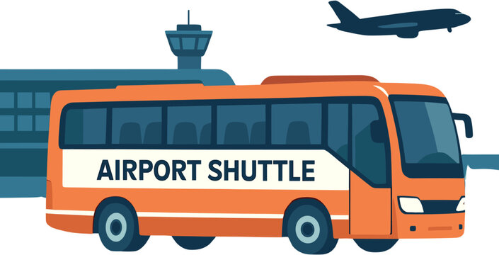 An orange airport shuttle bus is parked in front of an airport terminal with an airplane flying overhead.