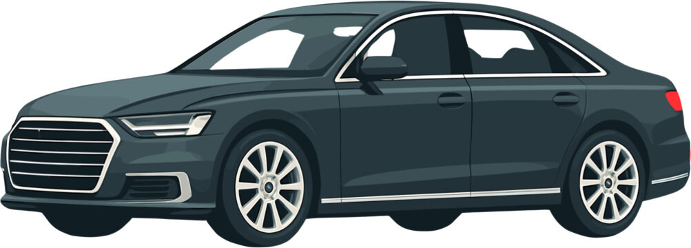 A dark gray Audi A8 sedan is depicted from a side profile against a white background, showcasing its sleek design and luxury features.