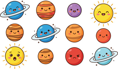 Kawaii solar system vector illustration set featuring cute cartoon planets sun saturn jupiter mars and uranus characters with funny expressions isolated on white background. © Mifta