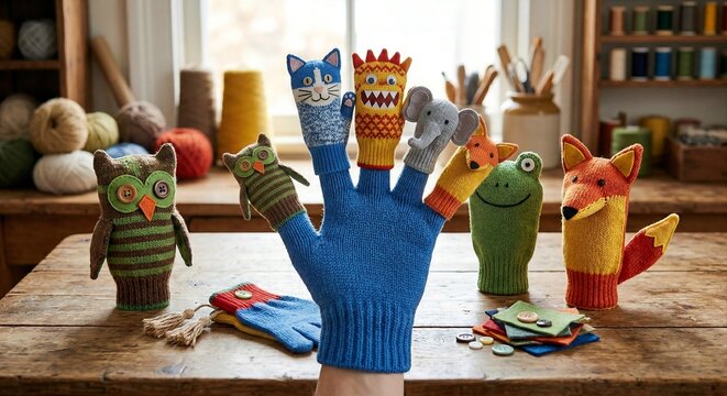 Handcrafted wool animal finger puppets featuring a cat, monster, elephant, and fox.