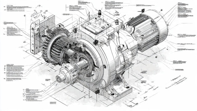 Technical blueprint of industrial motor system illustrating detailed mechanical design and components