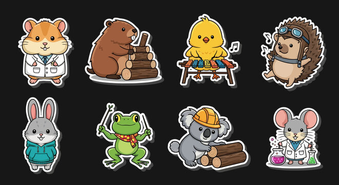 Colorful cartoon animals in various professions and activities.