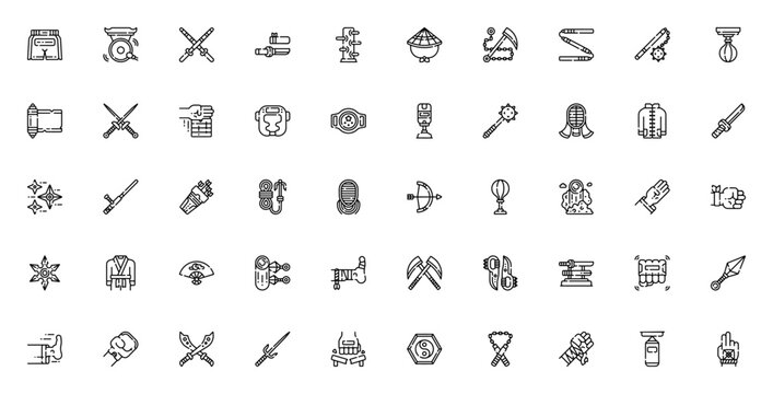 Martial arts icon set. Minimal vector icons pack. Includes boxing shorts, gong, kendo, knife, wing chun, nunchaku, mace, speed bag, fencing, karate, helmet, champion belt, shuriken, katana, kunai, yin