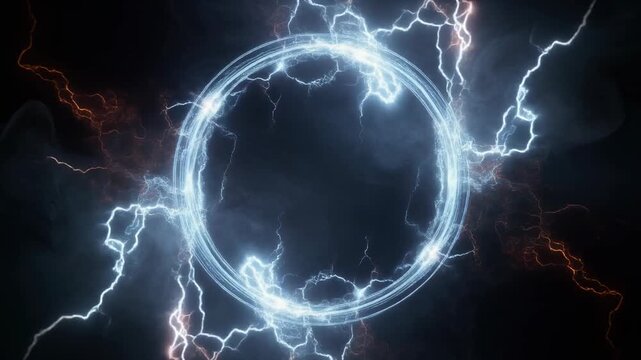 Electric energy circle glowing with blue and orange lightning sparks on dark background