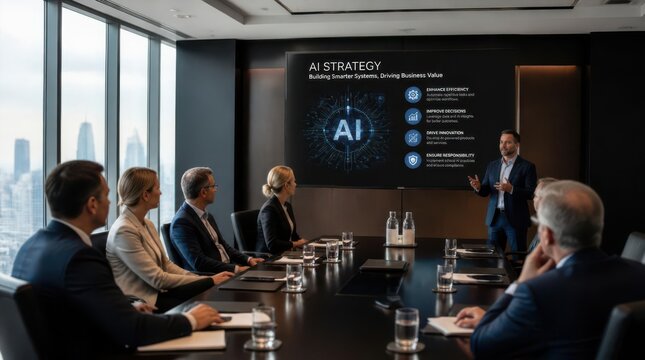 A business professional passionately presents an artificial intelligence strategy using a large illuminated display to a group of attentive colleagues seated around a polished conference table