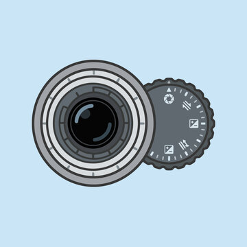 Stylized vector art of a camera lens and settings dial