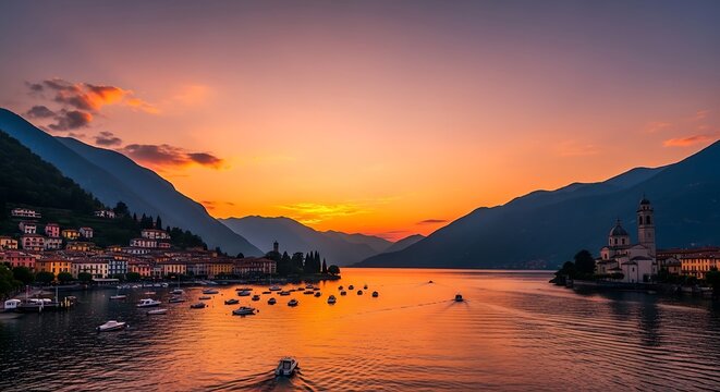 Tranquil lakeside town at sunset with reflections and mountains