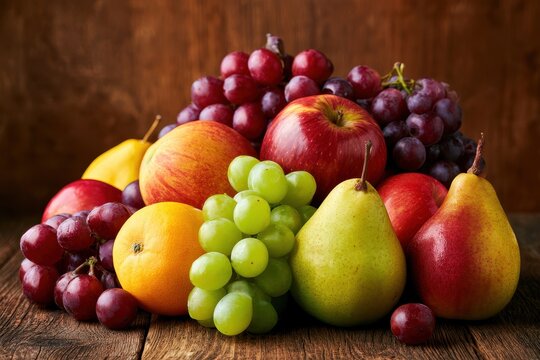 Fresh fruit assortment with grapes apples and pears on rustic wood in a moody still life composition for healthy lifestyle marketing