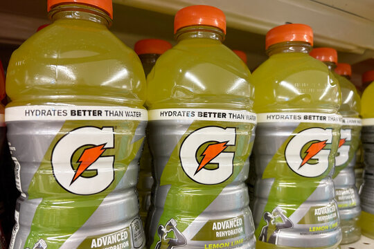 Sports drink Gatorade lines the shelves at super market grocery store Stop and Shop. in Norwalk, Connecticut on June 14, 2026.