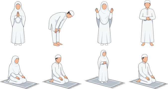Muslim prayer vector character set featuring Islamic men and women in traditional white clothing performing namaz steps, ruku, sujud, and dua poses isolated on white background.