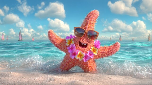 Cheerful animated starfish character wearing sunglasses and a flower lei enjoys the sunny beach