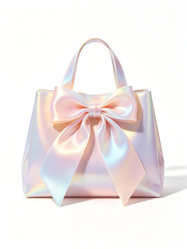 Shiny holographic iridescent favor bags with integrated ribbon handles and front bow details, mirror-like shifting rainbow finish, displayed against a solid white studio background with gentle diffuse