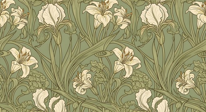 Art Nouveau floral pattern with iris and lily flowers, vintage botanical wallpaper in sage green and cream, elegant seamless textile design