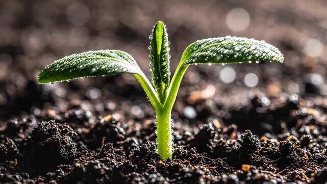 Close up of a tiny green seedling sprouting from dark soil, symbolizing new life, growth, and the start of spring