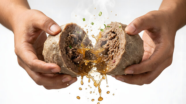 Hands dramatically tear open a giant Indonesian bakso meatball, releasing a splash of hot broth with steam and green onion flying mid-air.