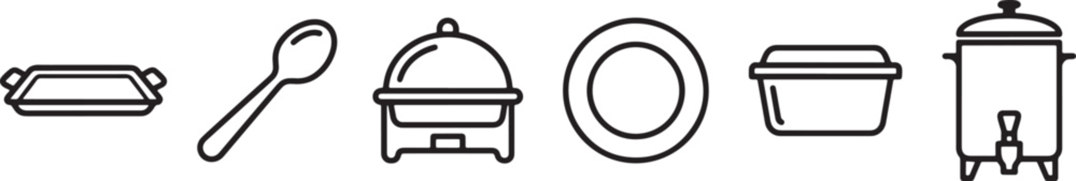Catering and kitchen equipment line icons set featuring serving tray spoon chafing dish plate container and beverage dispenser