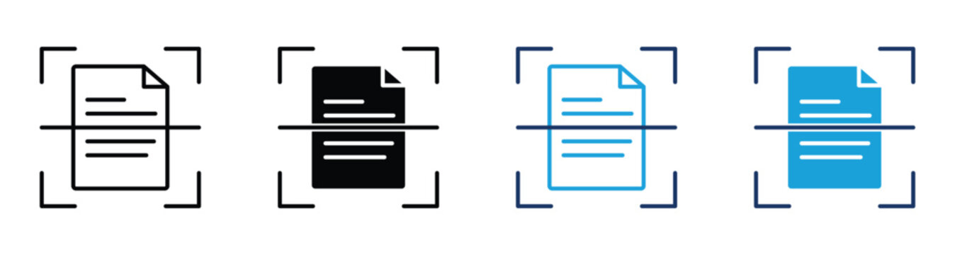 Document scanning and file management icon set.  Icons for ocr, pdf, upload, archive, search, cloud storage, and digital workflow. Vector illustration and transparent png.