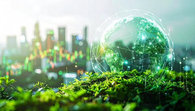 Eco-futuristic Metropolis: A vibrant, glowing planet Earth, intertwined with a network of digital connections, sits atop lush greenery.