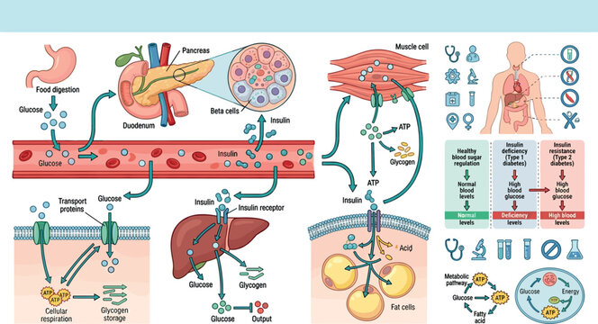 Insulin Regulation and Glucose Homeostasis Vector Diagram Set Featuring Pancreas Liver Cellular Receptors and Diabetes Management Medical Illustration