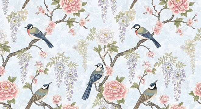 Vintage floral seamless pattern with birds on branches, elegant chinoiserie wallpaper with pink roses and wisteria, romantic botanical textile background