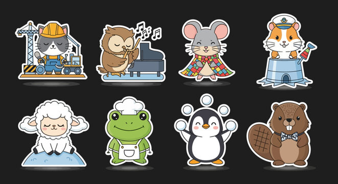 Colorful cartoon animal characters in various professions.