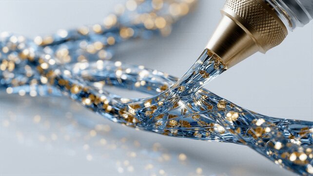 Macro view of futuristic bioprinting nozzle creating transparent polymer structure with golden inclusions