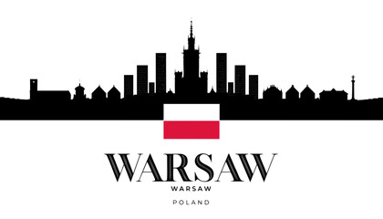 Obraz premium Vector illustration of Warsaw skyline in black silhouette, with “WARSAW” text, on white background, modern city identity and tourism design