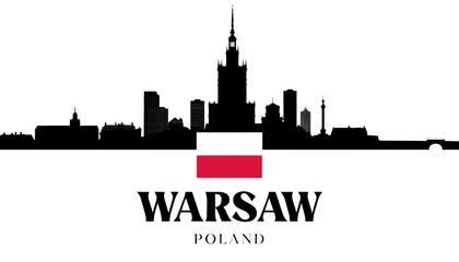 Obraz premium Vector illustration of Warsaw skyline in black silhouette, with “WARSAW” text, on white background, modern city identity and tourism design