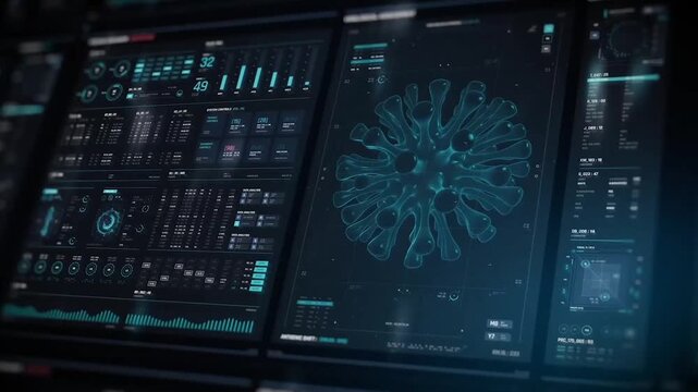 Futuristic medical interface scanning virus structure, digital laboratory HUD dashboard analyzing microorganism cells and vaccine data, healthcare technology concept loop;