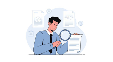Obraz premium Businessman Examining Document with Magnifying Glass, Analyzing Data, Research Concept