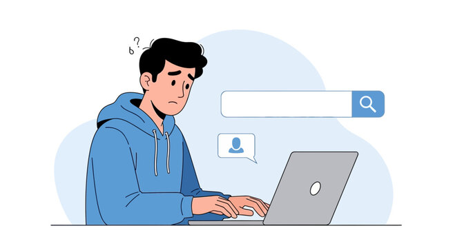 Confused young man searching online on laptop, confused search bar and notification bubble, vector illustration
