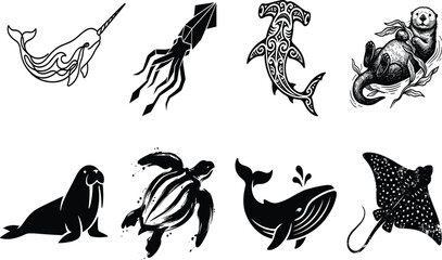 Sea life creature graphics collection featuring stylized silhouettes of whale walrus sea turtle narwhal stingray hammerhead shark and otter © MstRowshan