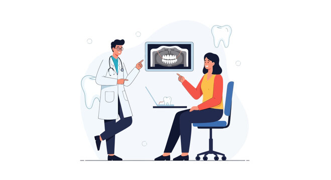 Dentist consulting patient with dental x-ray and tooth icons