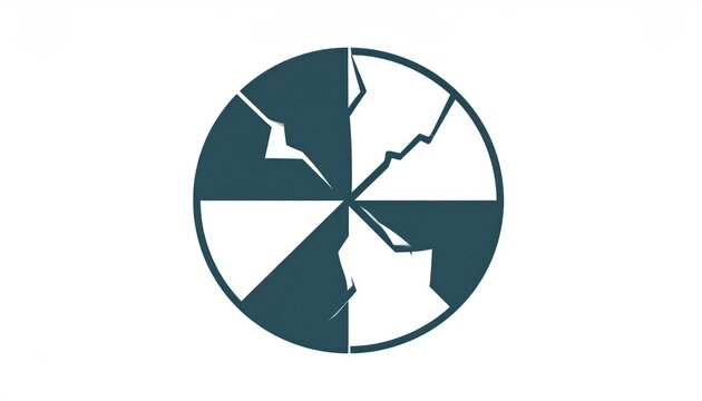 Circular abstract icon with broken and cracked geometric fragments.