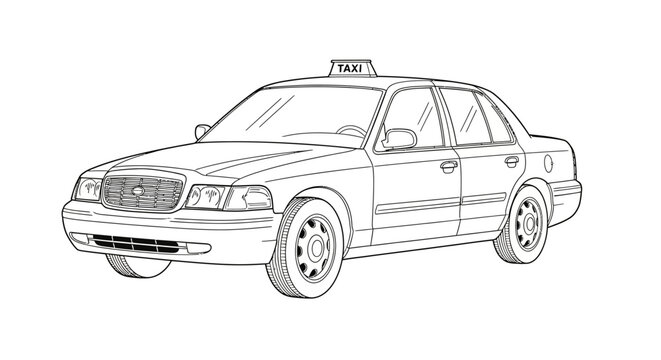 Refined scientific line drawing of a classic sedan taxi vehicle, black and white outline illustration for coloring and technical design