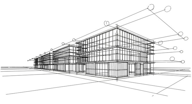 Clean line art illustration of a modern office building featuring perspective architectural wireframe and blueprint design