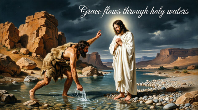 Discover stunning biblical art of John the Baptist baptizing Jesus Christ in River Jordan.