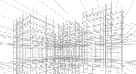Obraz premium Technical architectural wireframe model of a modern city building complex construction design project