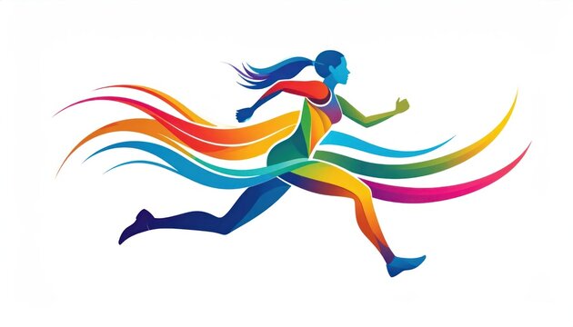 Vibrant female athlete silhouette running with rainbow trails.