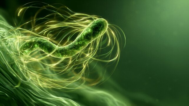 Luminous green microorganism cell propelling through liquid environment with glowing tentacles medical science concept