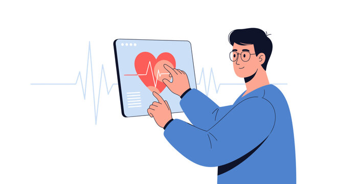 Doctor Interacting with Digital Health Data Displaying Heartbeat and ECG on Tablet