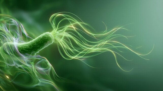 Single green bacillus bacteria with long flagella swimming in abstract microscopic fluid organic biology backdrop