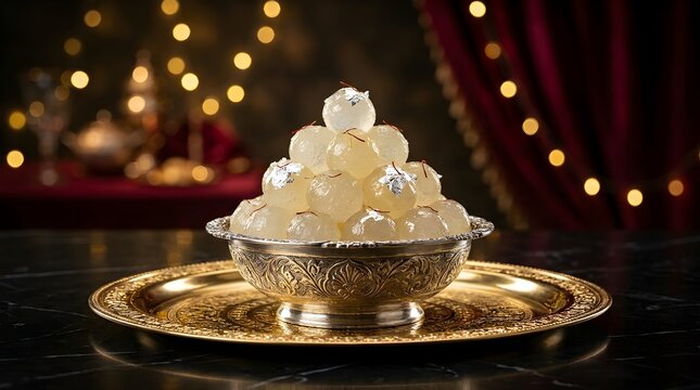 Traditional Angoori Petha sweets with silver foil in an ornate silver bowl on a golden tray with bokeh