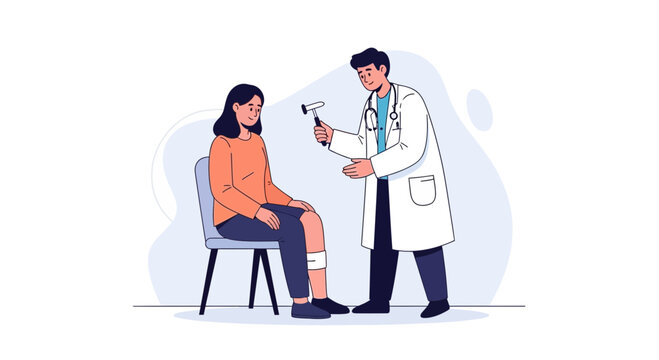 Doctor examining patient's knee with reflex hammer, vector illustration