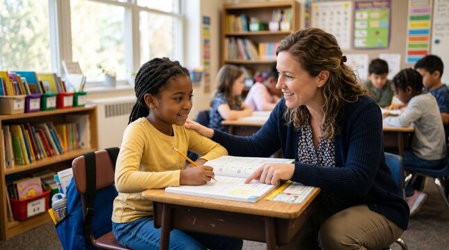 Smiling Female Teacher Helping African American Girl Student with Reading Lesson at Desk for Inclusive Elementary Back to School Concept