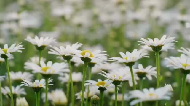 Field of white daisies with green stems and yellow centers, soft focus background, natural light, gentle breeze, perfect for spring and summer themes