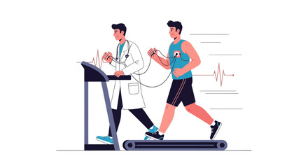 Fototapeta premium Doctor monitors runner's heart rate during treadmill stress test for cardiovascular health assessment and exercise physiology research.