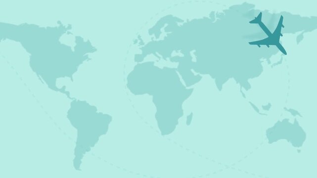 Minimal Airplane Animation Flying Over World Map with Dotted Route Line for Travel Concepts